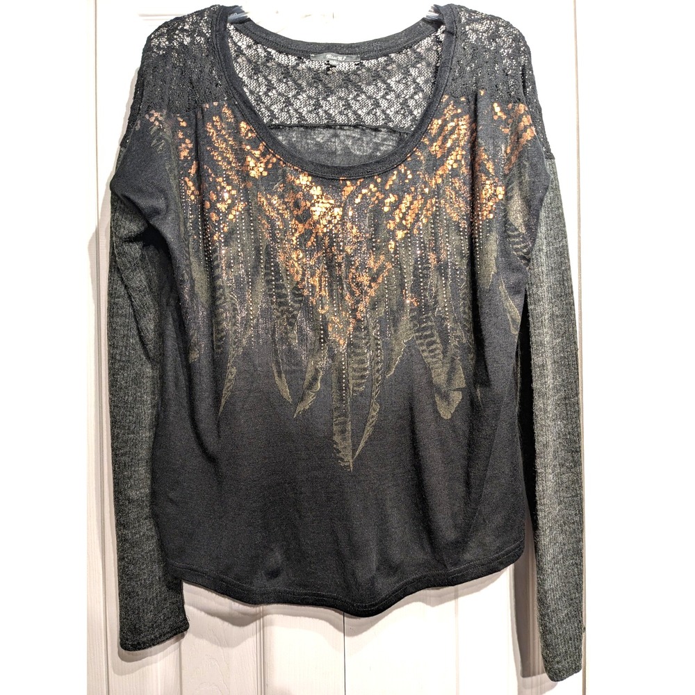 Miss Me Sweater Womens L Black Gray Sequin Feather Lace Pullover Top Y2K Grunge